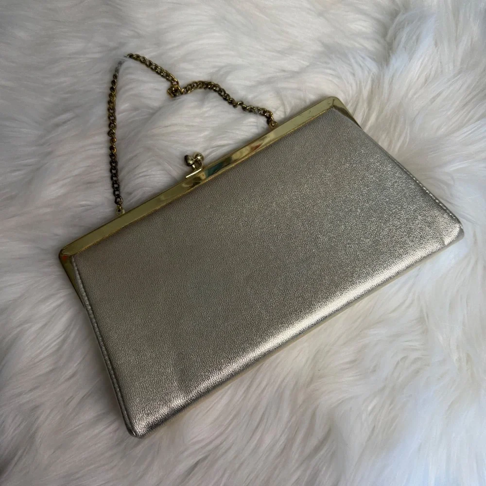 Vintage - Metallic Gold Clutch‎ Handbag and Chain Strap